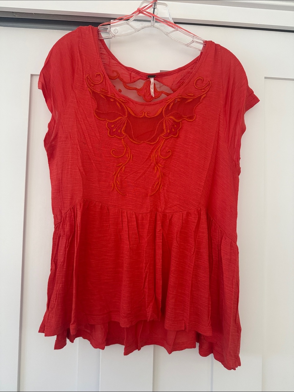 Free People Red Embroidered Peplum Top
